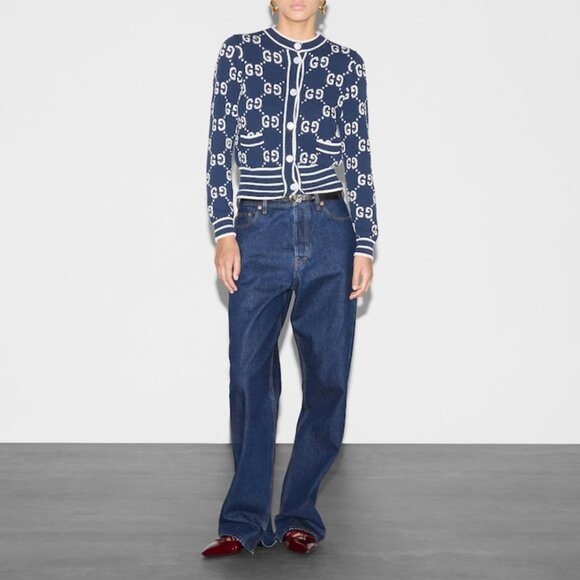 $2200 NWT Gucci Blue White Multi GG Logo Cardigan Cotton Sweater size Medium - Picture 1 of 13